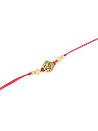NVR Unisex Set of 3 Gold Toned Thread Rakhi with Roli Chawal Chandan Mishri