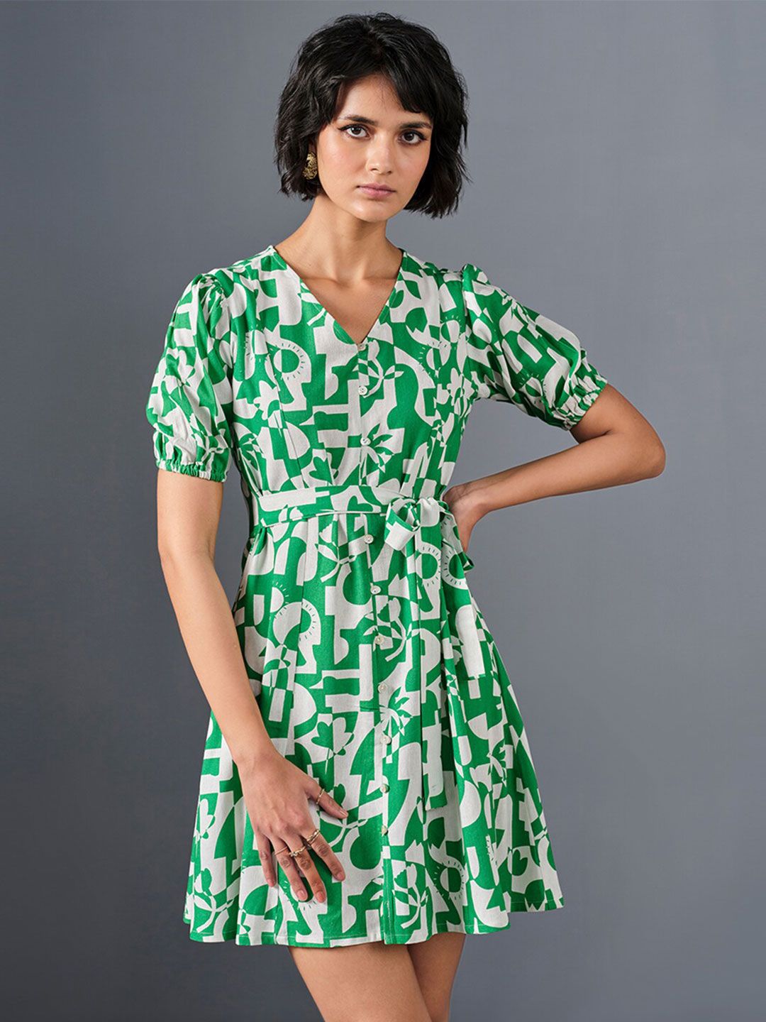 AND Tropical Print Puff Sleeves Dress