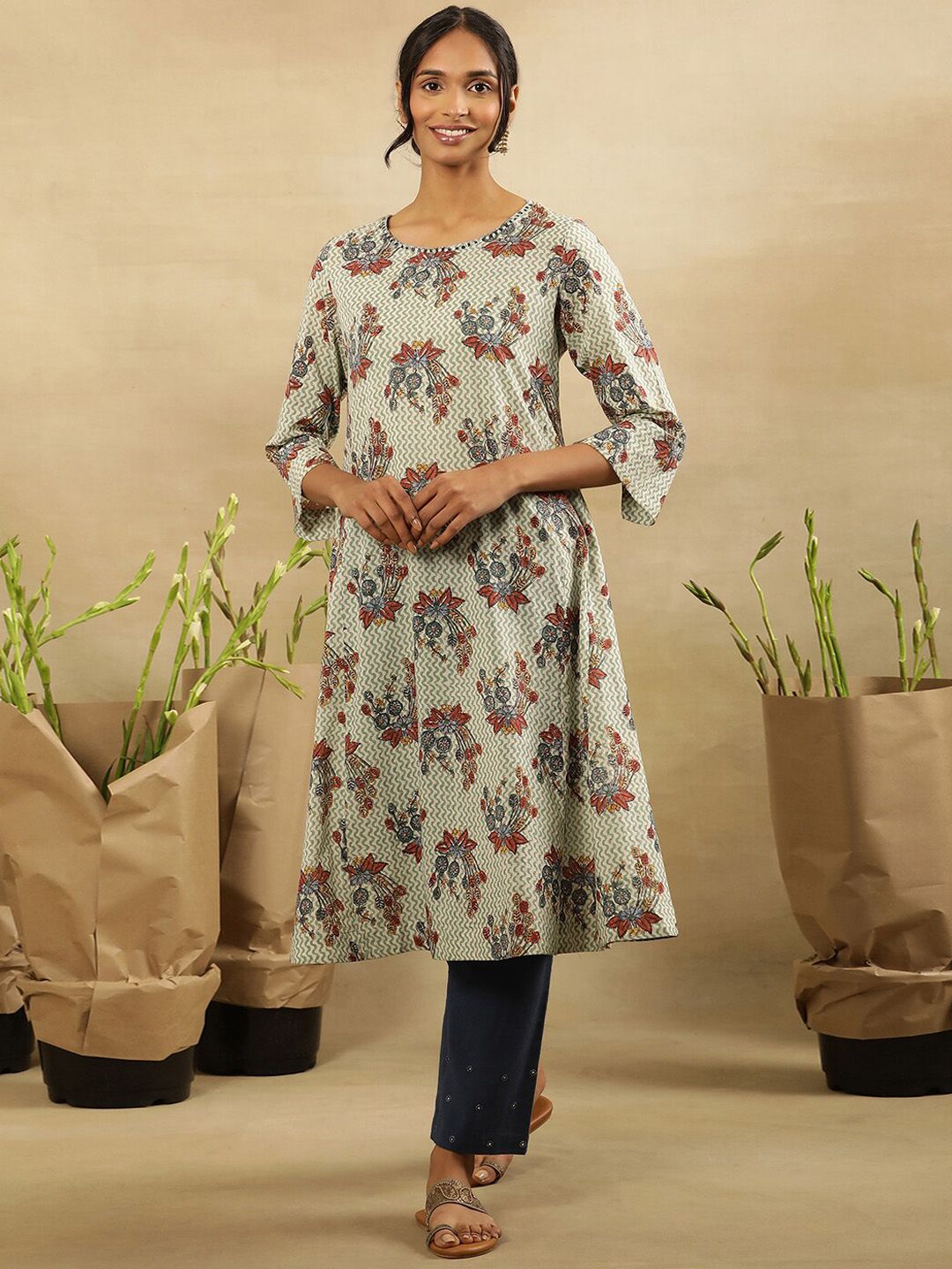 W Floral Printed Gotta Patti Cotton A-Line Kurta