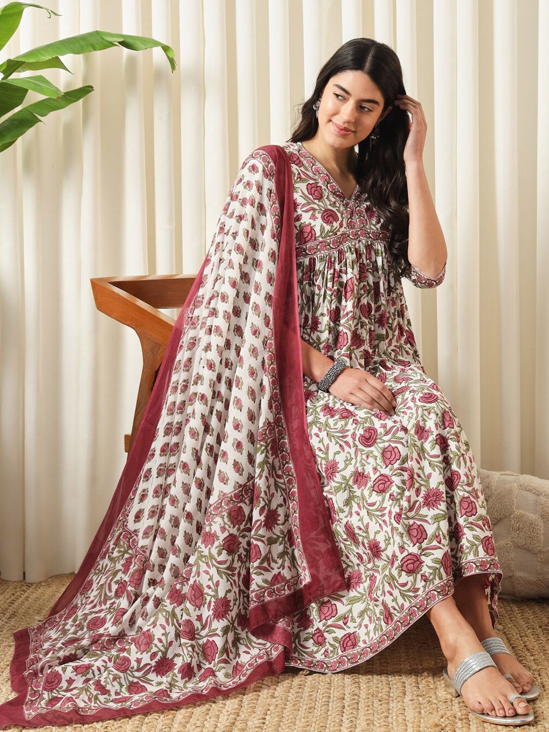 KALINI Floral Printed Pure Cotton Empire Kurta With Trouser & Dupatta