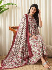 Kalini Floral Printed Pure Cotton Empire kurta dengan seluar & dupatta