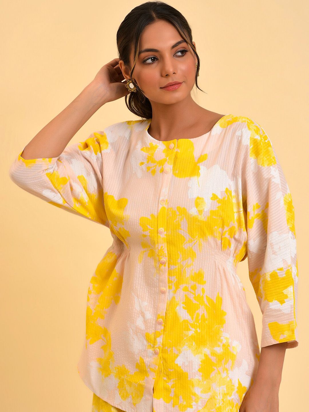 W Peach-Coloured & Yellow Abstract Printed Pure Cotton Top With Palazzos