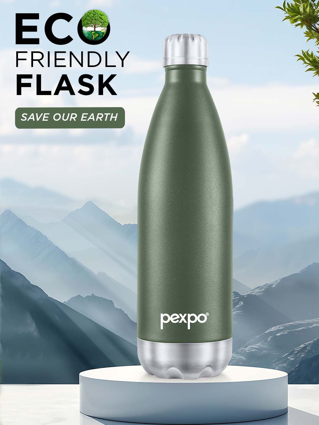 Pexpo ELECTRO ISI Certified Thermosteel 1L 24 Hrs Hot & Cold Green Water Bottle 1000ml