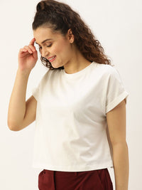 DressBerry Women White Solid Knitted Boxy Pure Cotton Top