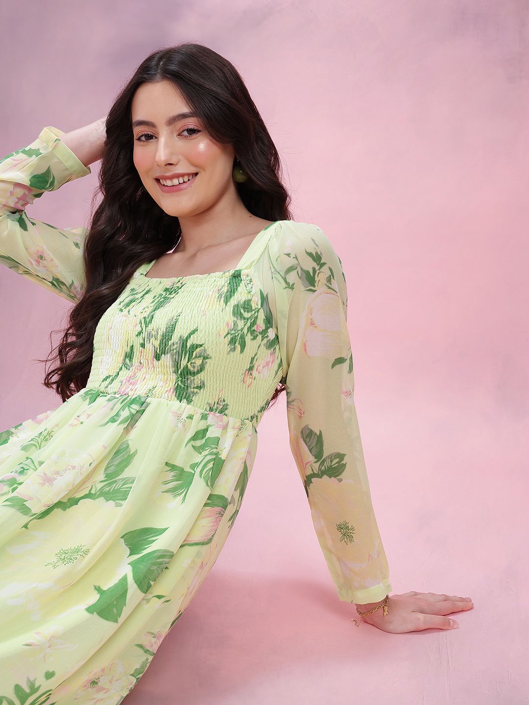 DressBerry Floral Print Square Neck Pleated Smocked Midi Dress