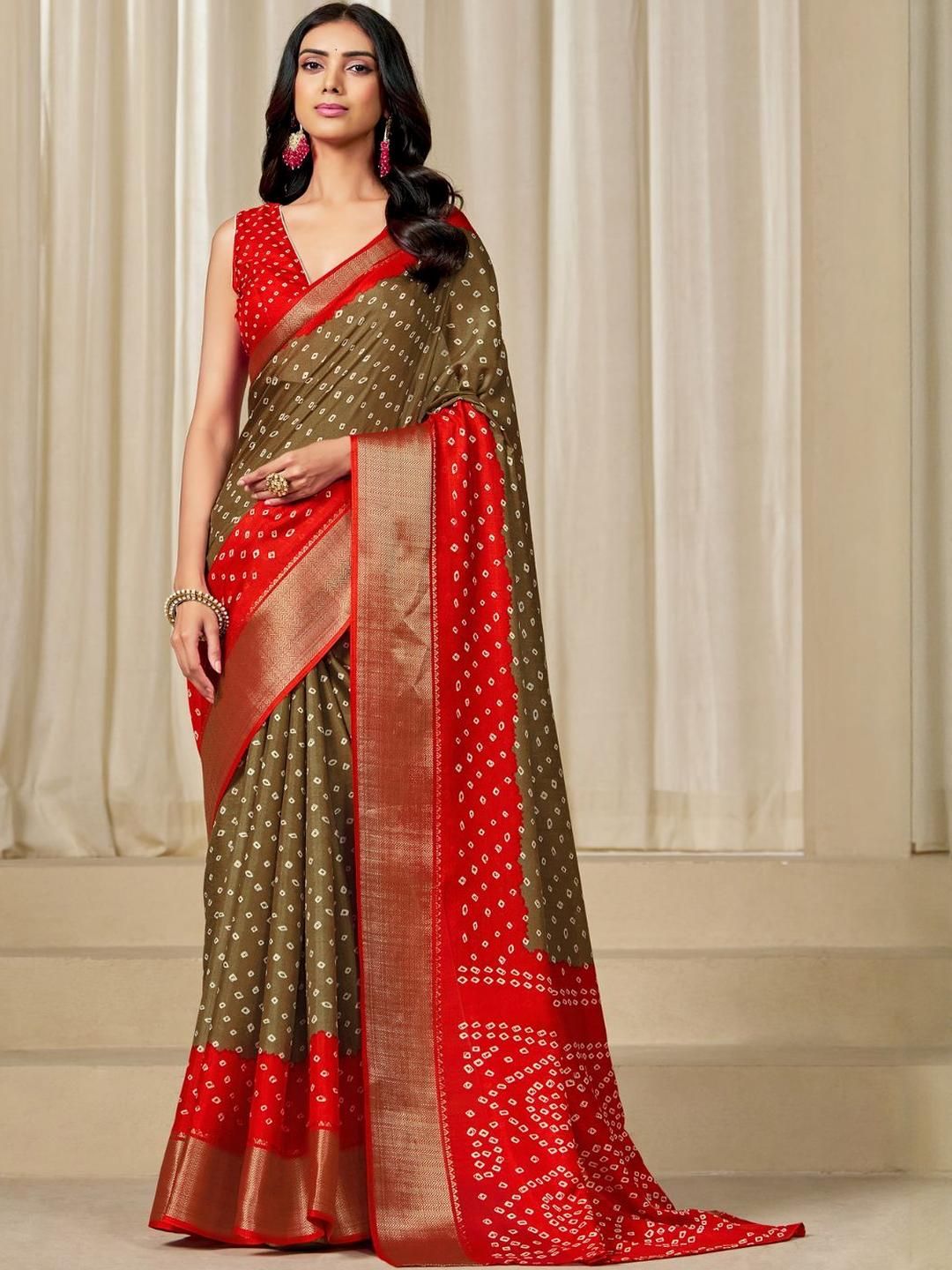 Kalini Wanita Dola Silk Bandhani Print Zari Sempadan Saree