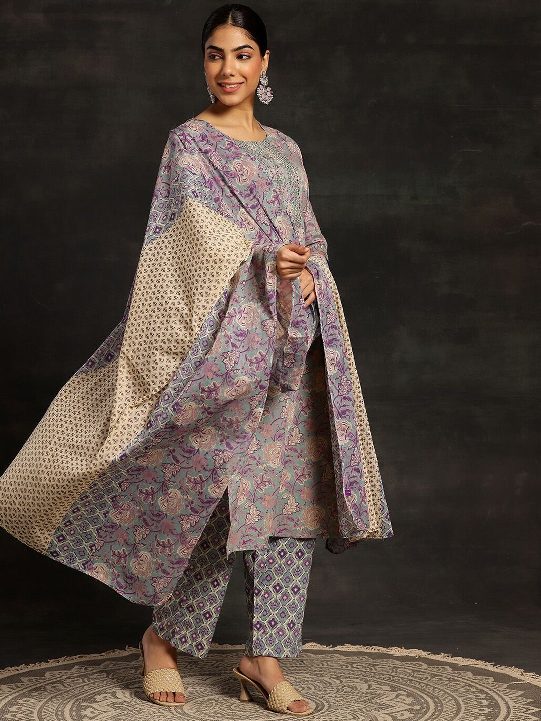 Libas Floral Printed Regular Sequinned Pure Cotton Kurta with Trousers & Dupatta