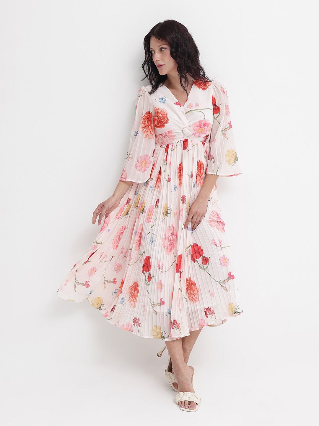 RAREISM Women White Floral Print Flared Sleeve Fit & Flare Midi Dress