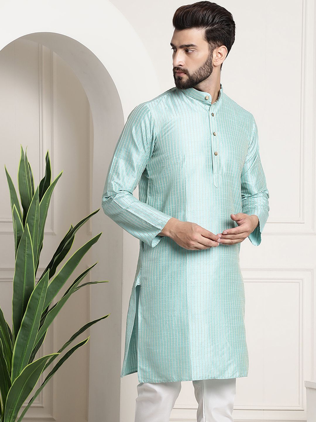 SOJANYA Men Sea Green & Golden Embellished Kurta