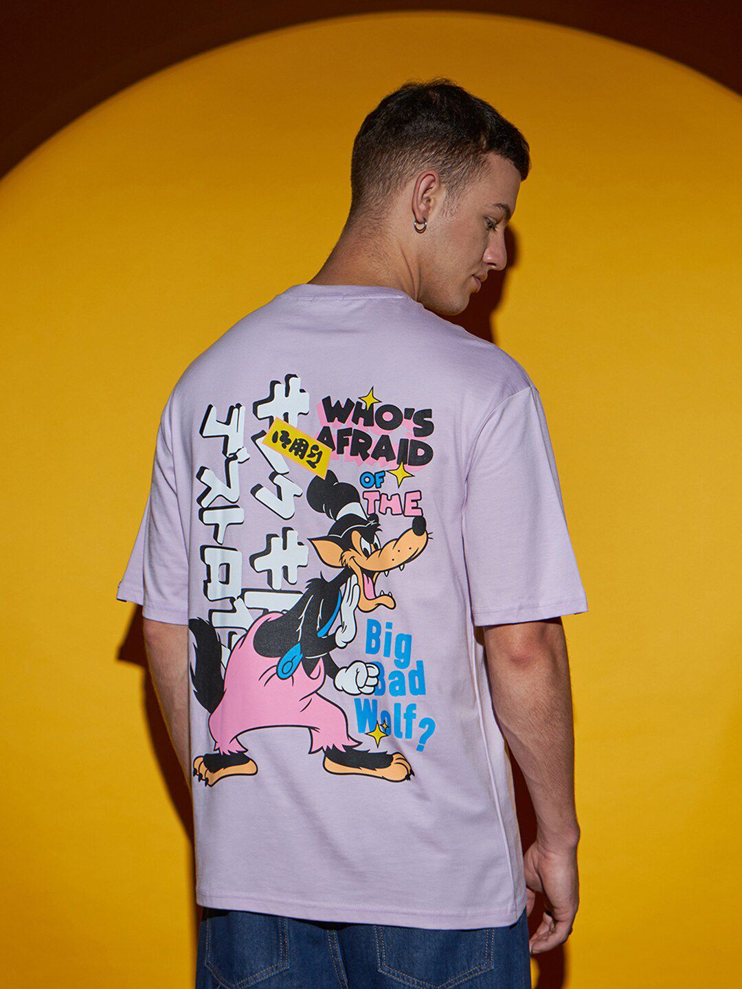 Bewakoof Big Bad Wolf Printed Drop-Shoulder Sleeves Oversized Cotton T-shirt