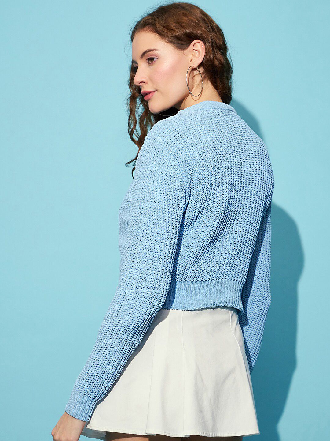 STREET 9 Blue Ribbed Acrylic Crop Pullover Sweater