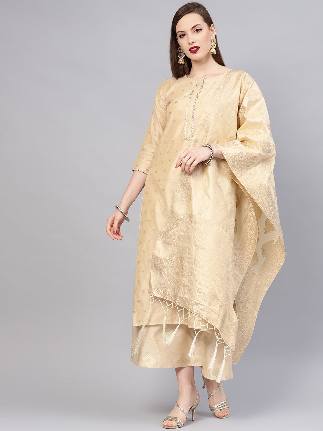 Libas Women Beige & Golden Self Design Kurta with Palazzos & Dupatta
