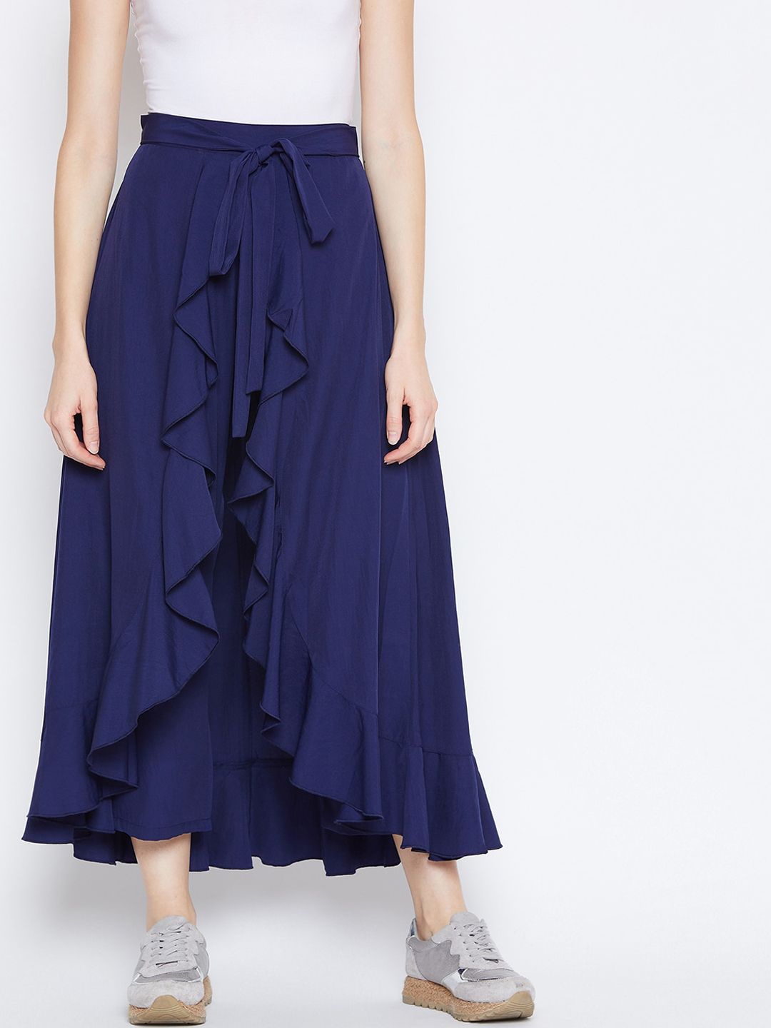 Berrylush Women Navy Blue Solid Ruffle Wrap Maxi Skirt