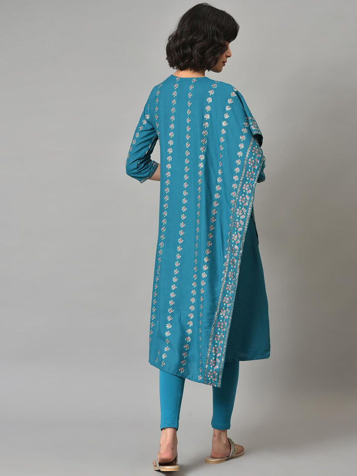 W Festive Floral Print Rayon Kurta With Leggings