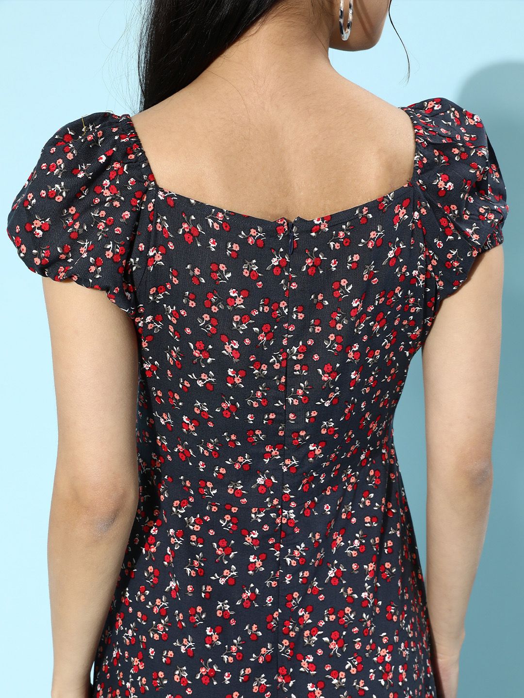 Berrylush Navy Blue Ditsy Floral Print A-Line Midi Dress