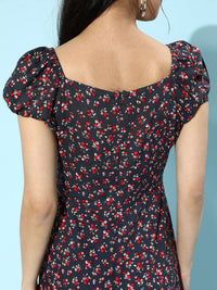 Berrylush Navy Blue Ditsy Floral Print A-Line Midi Dress