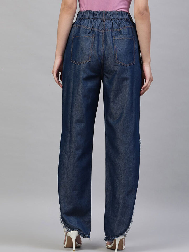 STREET 9 Women Blue Tapered Fit Solid Denim Cotton Regular Trousers