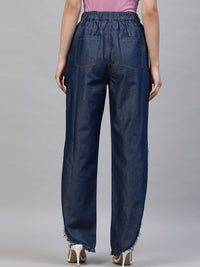 STREET 9 Women Blue Tapered Fit Solid Denim Cotton Regular Trousers