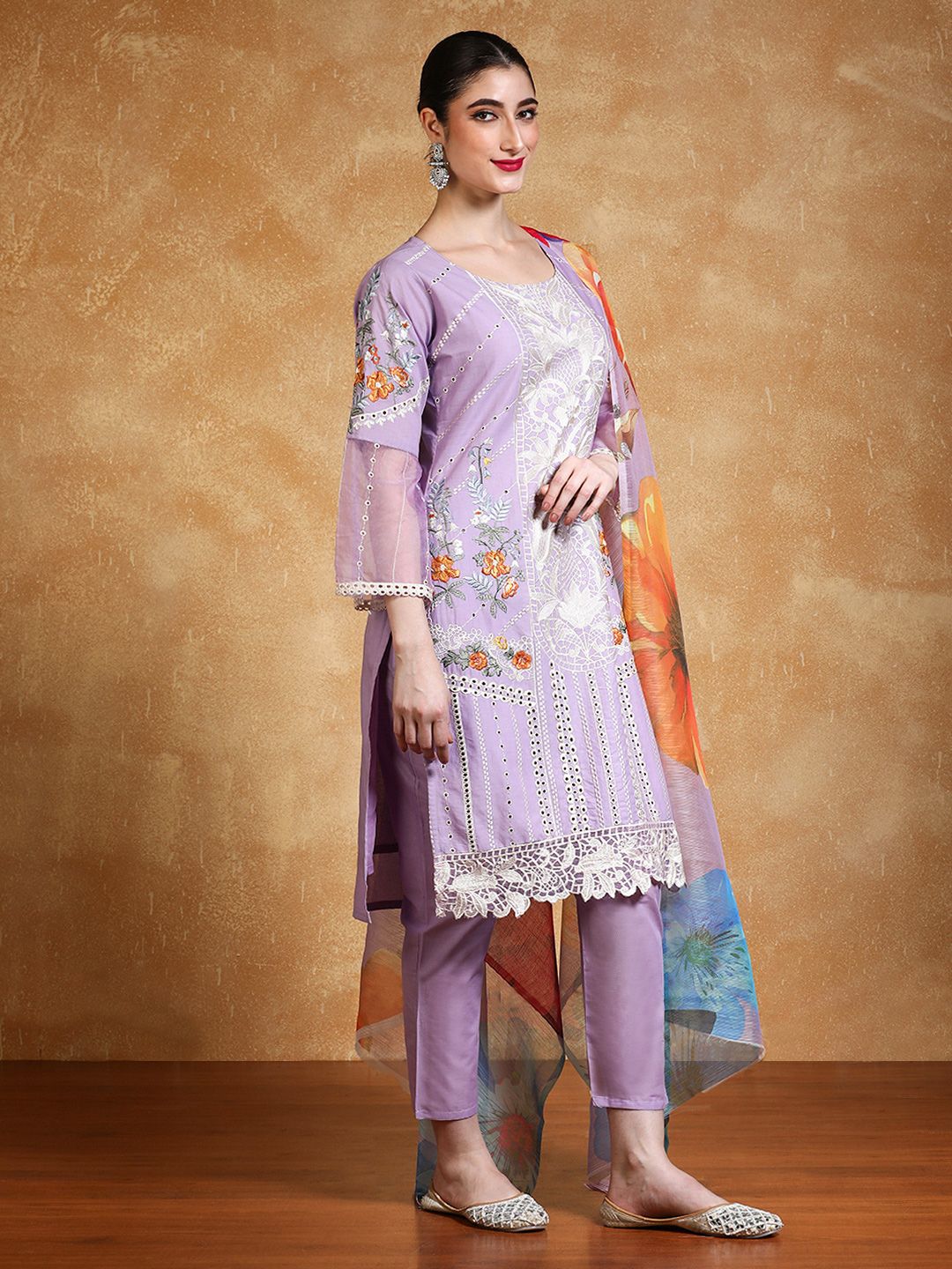 Varanga Women Floral Embroidered Cotton Kurta with Trousers & Dupatta