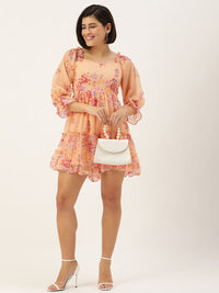AND Floral Print Puff Sleeve A-Line Mini Dress