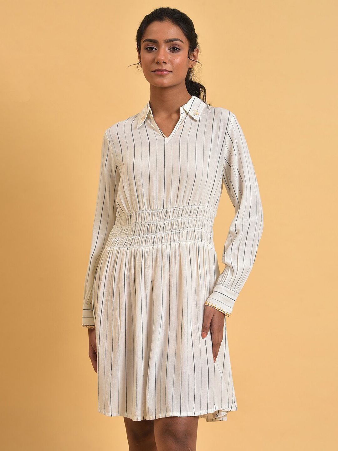 W Shirt Collar Striped Shirt Dress
