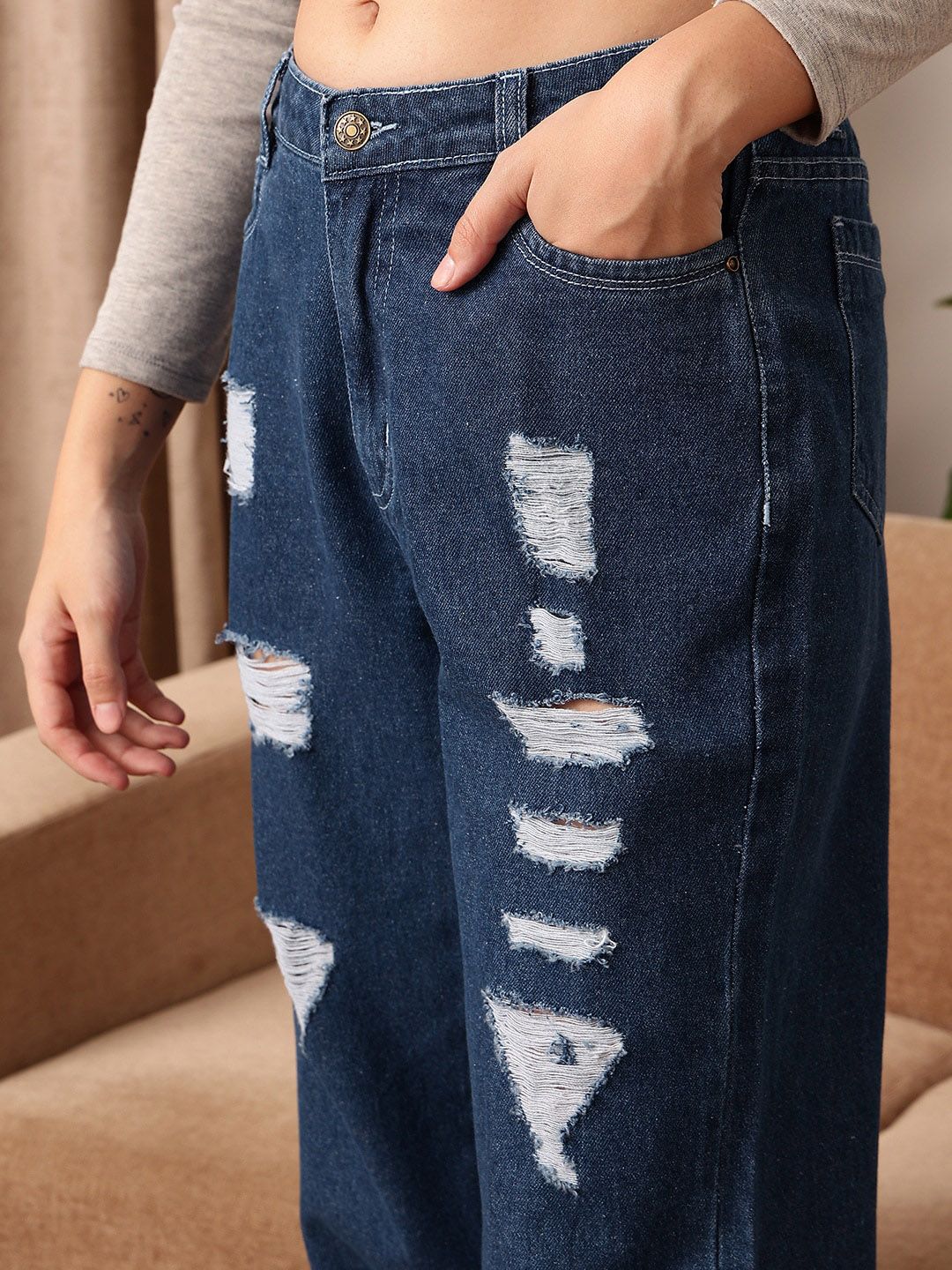 STREET 9 Women Blue Comfort Jogger Mildly Distressed Pure Cotton Light Fade Jeans