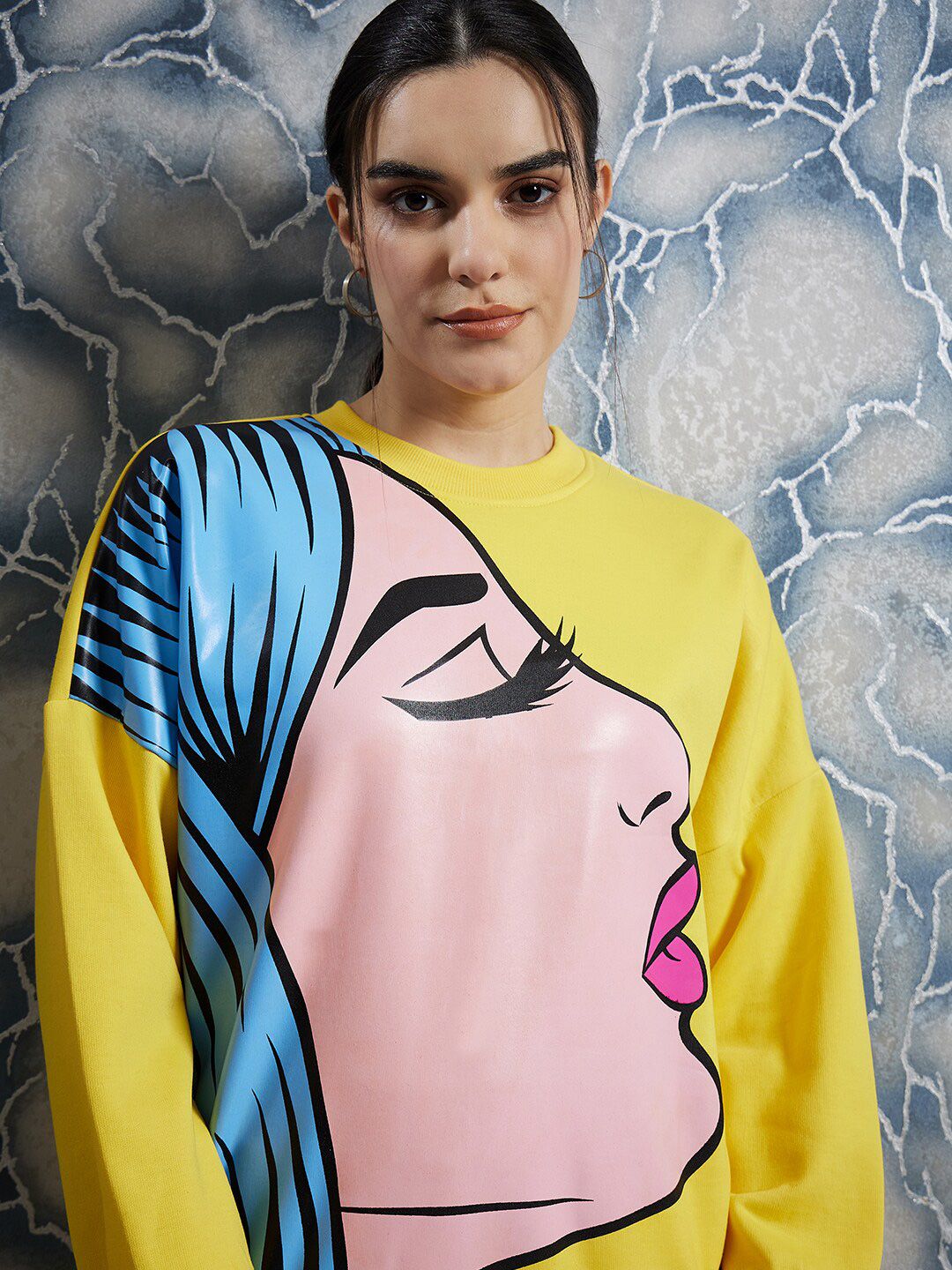 Athena Yellow Graphic Printed Drop Shoulder Sleeves Fleece Pullover