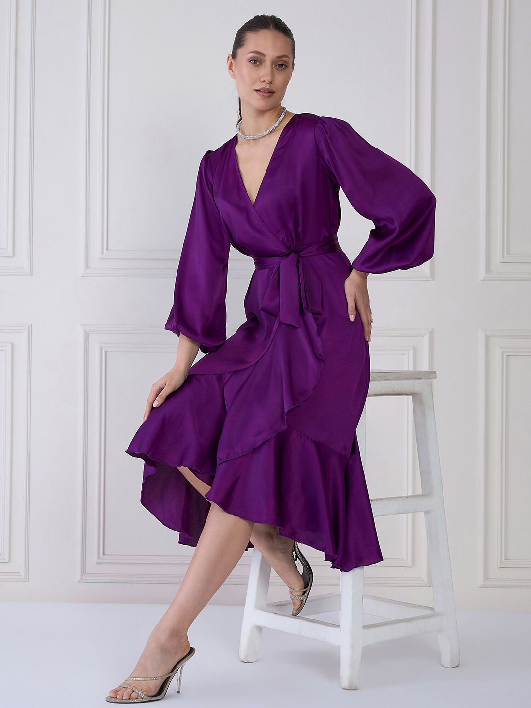 Antheaa Purple V-Neck Cuffed Sleeves Layered Satin Midi Wrap Dress