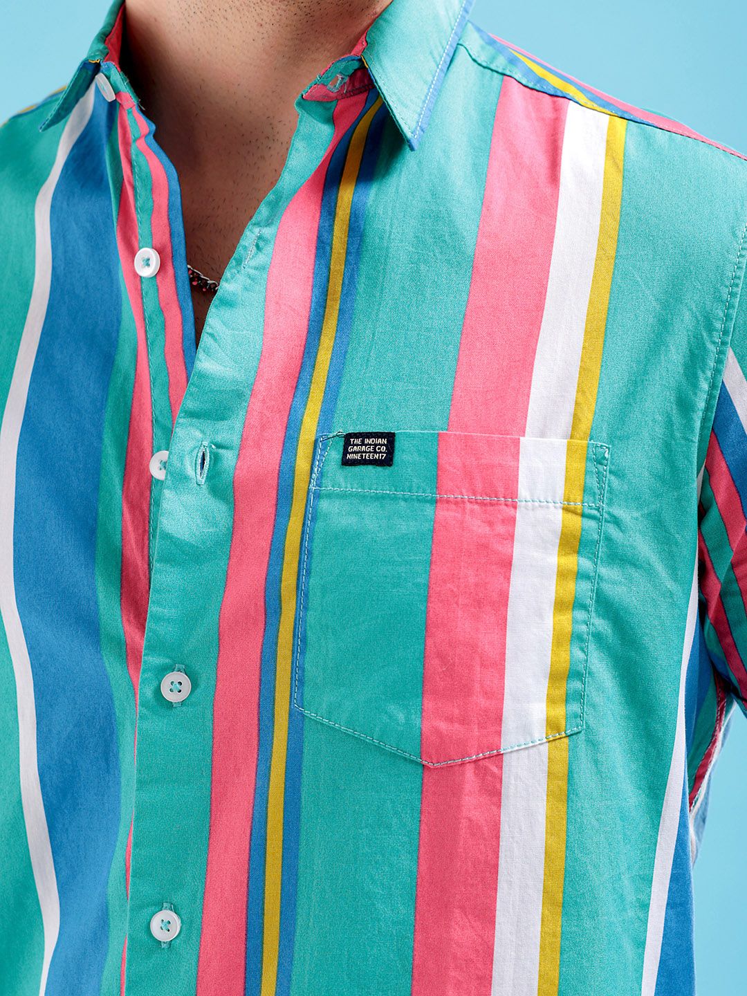 The Indian Garage Co Men Sea Green & Pink Striped Pure Cotton Casual Shirt