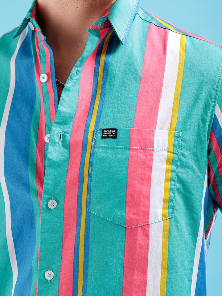 The Indian Garage Co Men Sea Green & Pink Striped Pure Cotton Casual Shirt