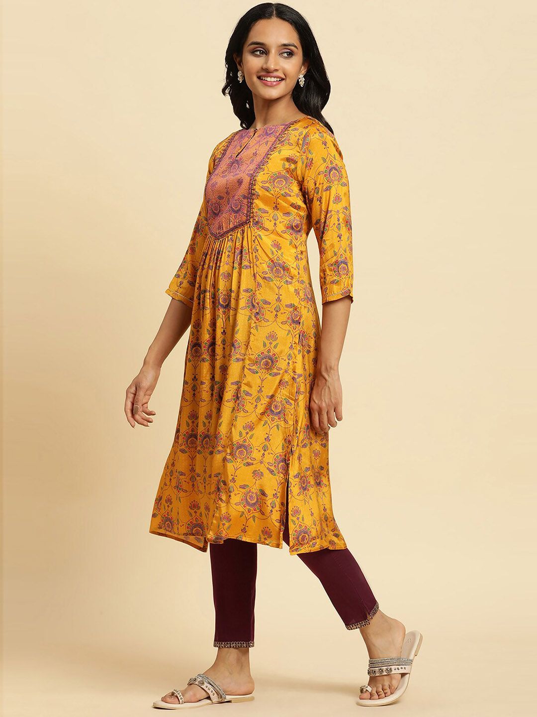 W Yellow Ethnic Motifs Printed Keyhole Neck Pleated Kurta