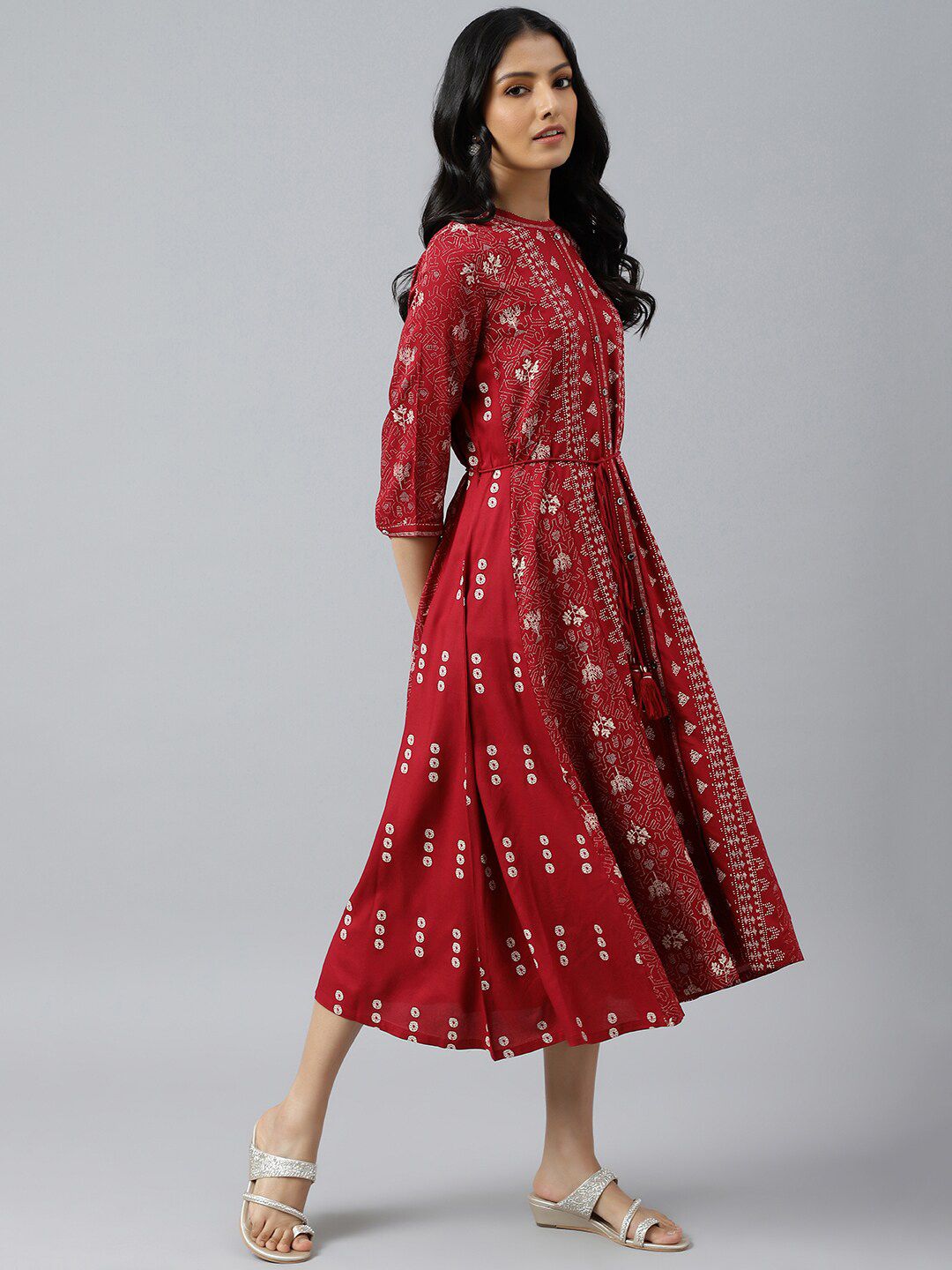 W Women Red Floral Printed A-Line Midi Dress