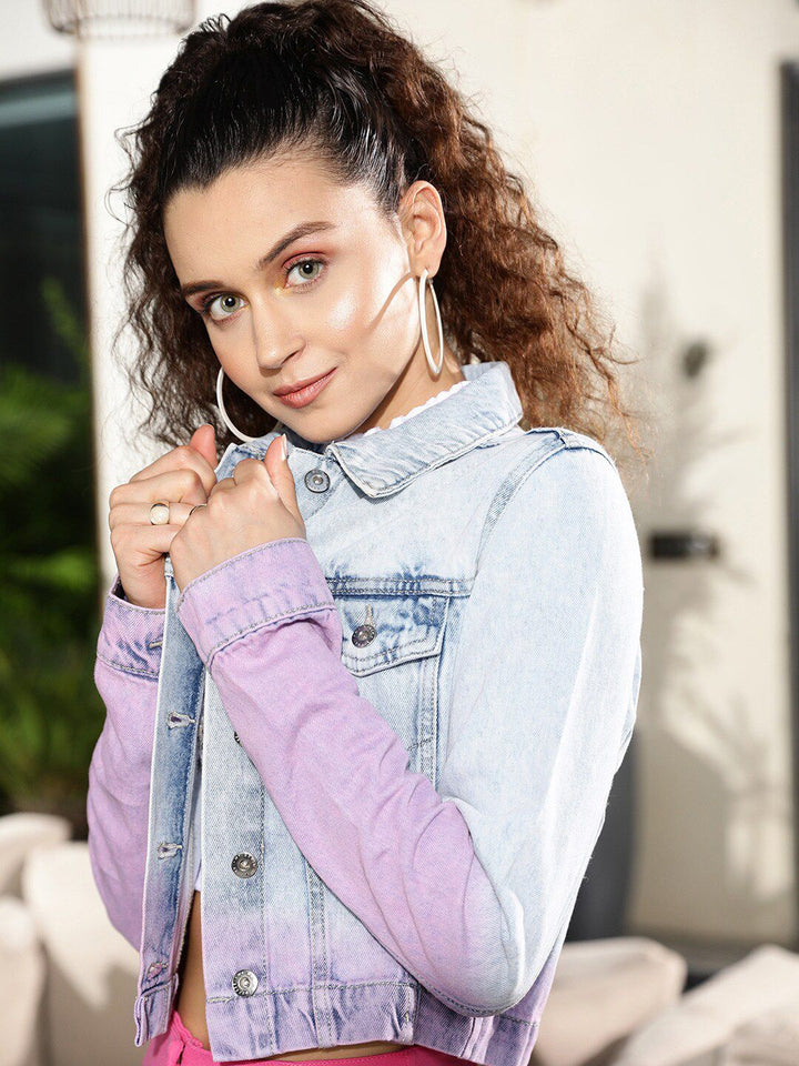 STREET 9 Women Blue Pink Crop Cotton Denim Jacket
