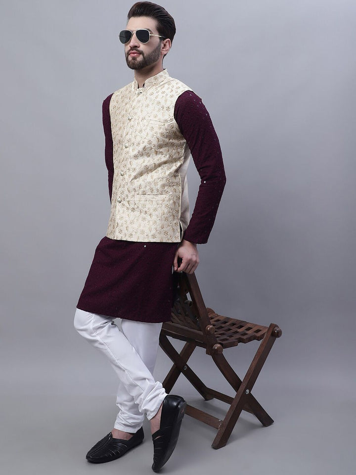 SOJANYA Ethnic Motifs Embroidered Pure Cotton Kurta With Pyjama & Nehru Jacket