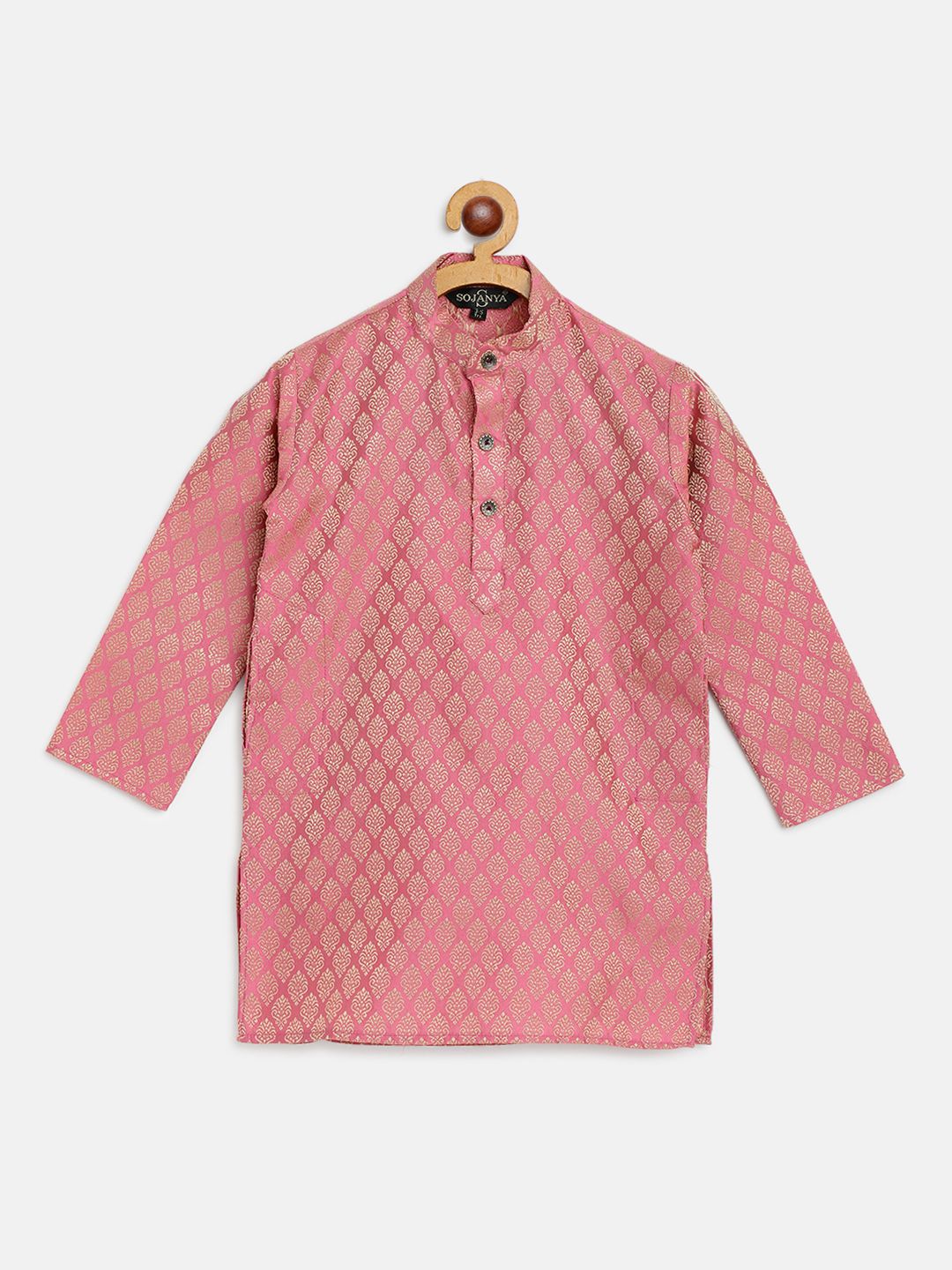SOJANYA Kurta Lurus Bercorak Etnik Jacquard Merah Jambu & Emas