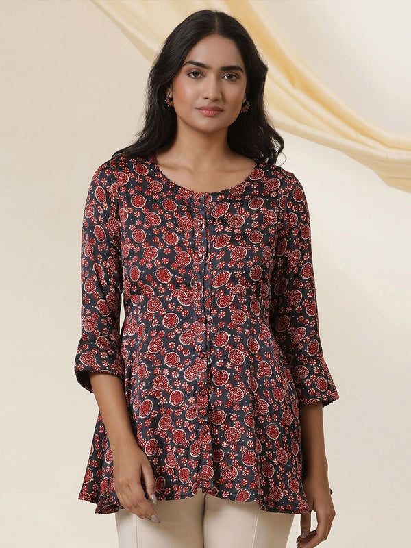 W Floral Printed Round Neck A-Line Top