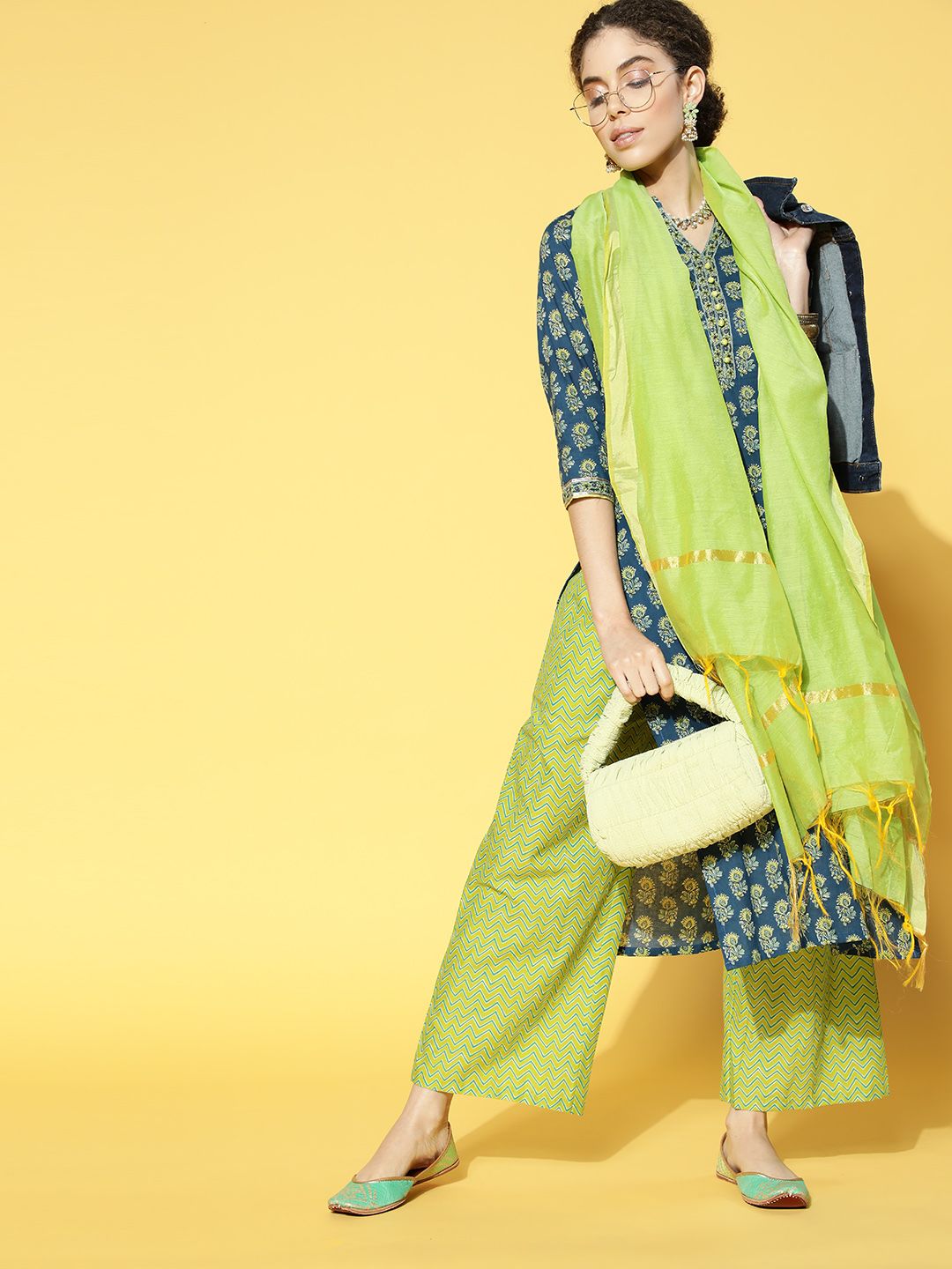 Indo Era Printed Cotton Blend Kurta Set
