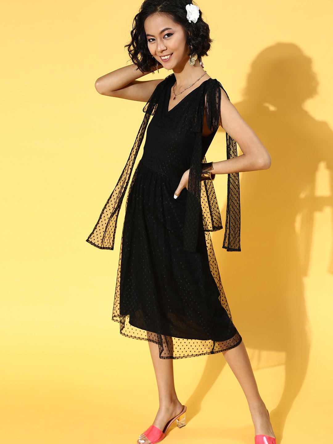 Athena Women Stylish Black Self-Design Dobby Weave Dress