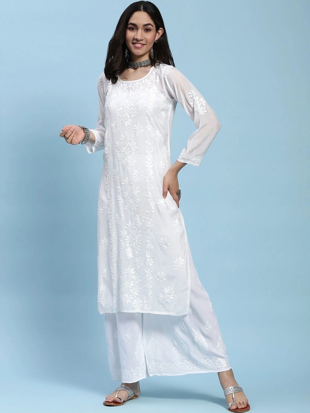 Rumah Wanita Chikankari Motif Etnik Bersulam Kurta Chikankari
