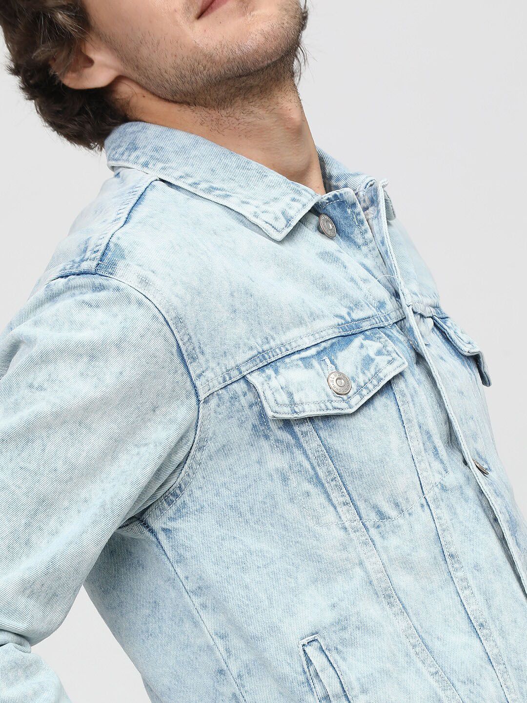 HIGHLANDER Men Blue Washed Colourblocked Denim Jacket