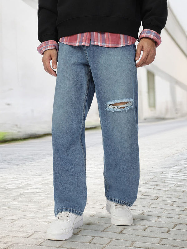 Urbano Fashion Men Pure Cotton Loose Relaxed Fit Slash Knee Heavy Fade Jeans