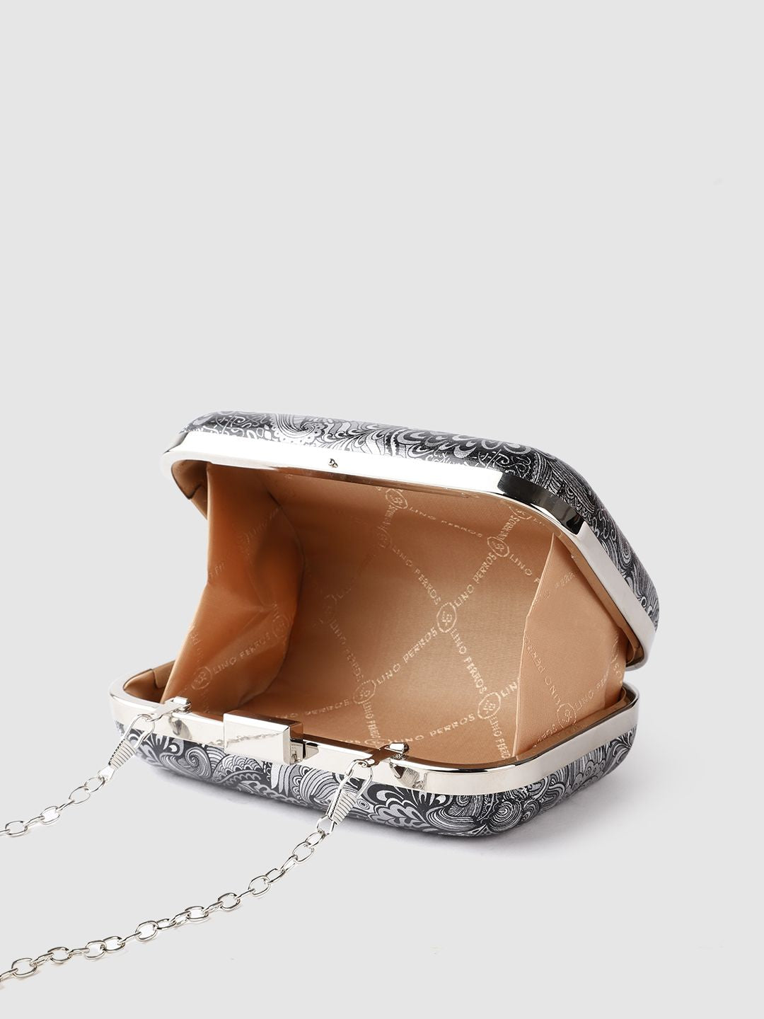 Lino Perros Black & Silver-Toned Printed Box Clutch with Detachable Sling Strap