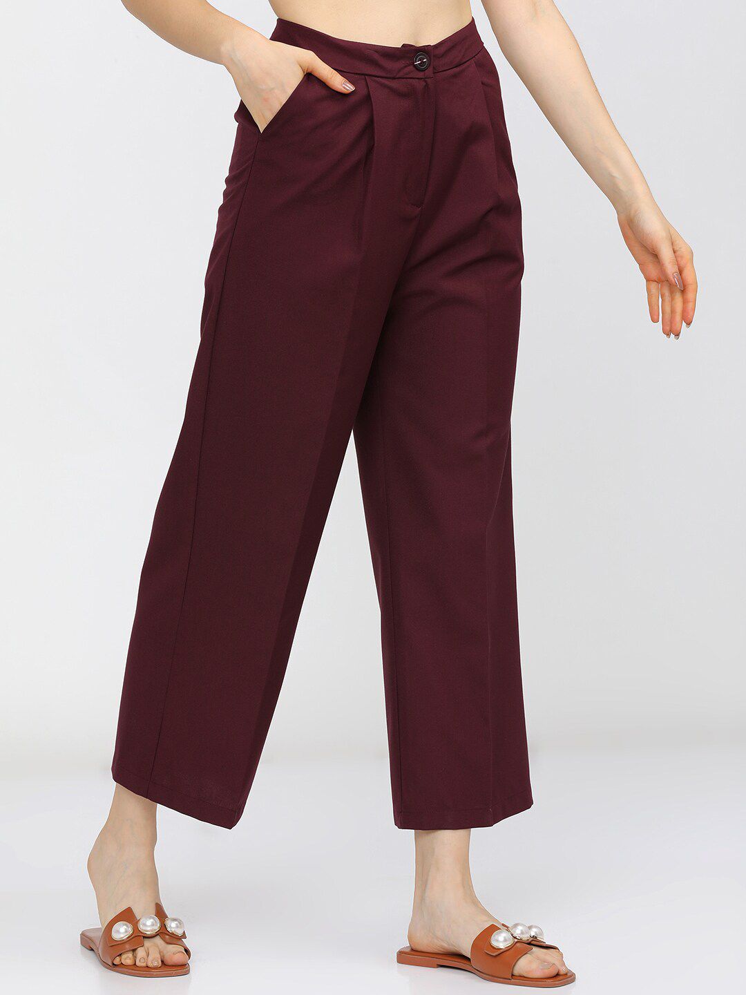 Tokyo Talkies Women Burgundy Flared Pleated Parallel Trousers