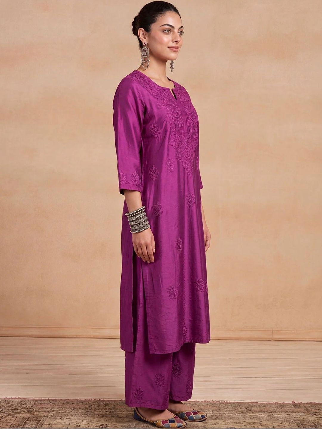 House of Chikankari Women Ethnic Motifs Embroidered Regular Thread Work Chanderi Silk Kurta with Palazzos
