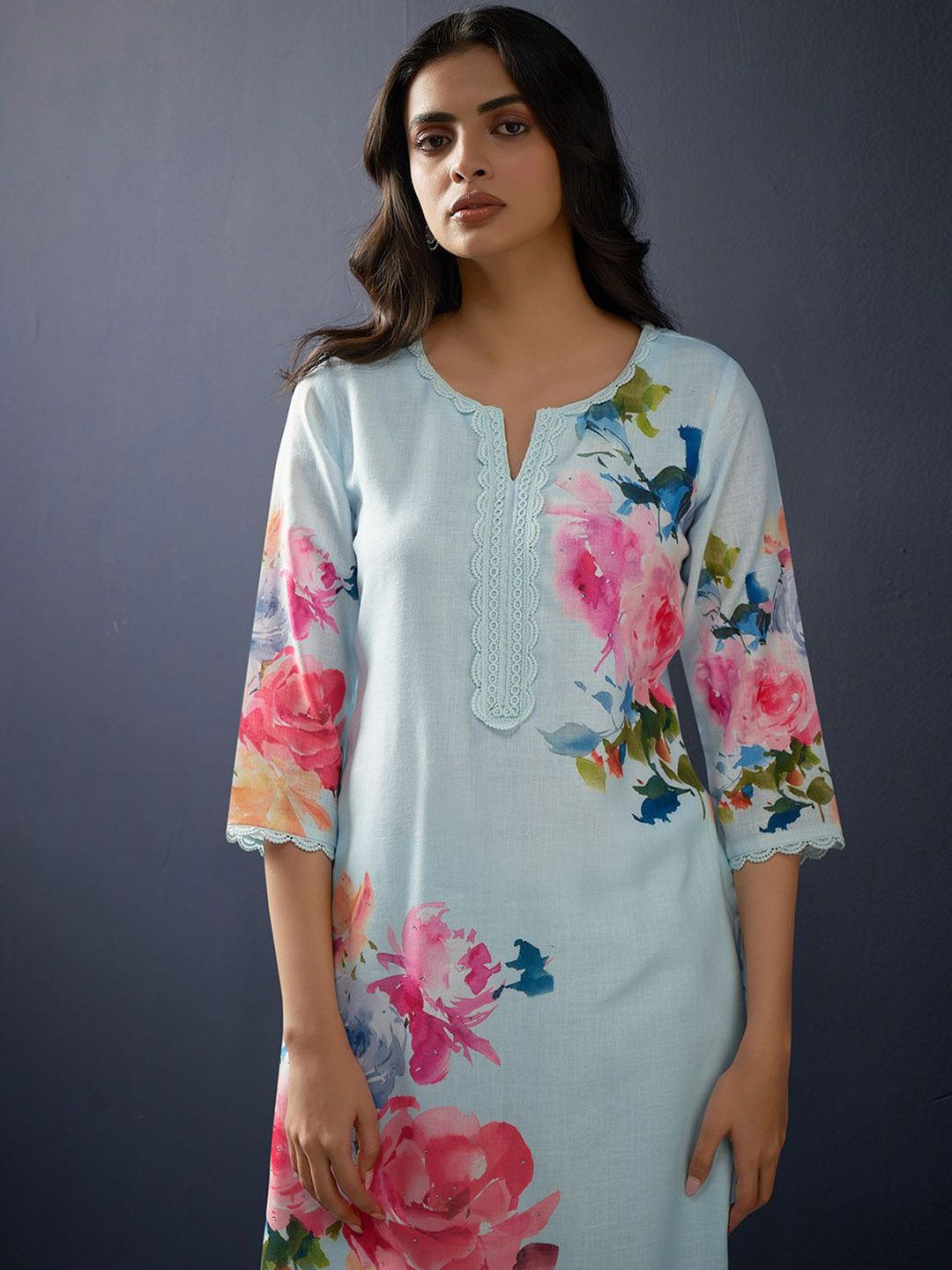 Indo Era Floral Printed Regular Linen Straight Kurta With Trousers & Dupatta