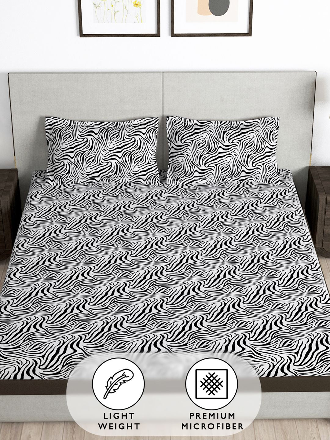 Story@home Black & White 180 TC Abstract Queen Fitted Bedsheet With 2 Pillow Covers