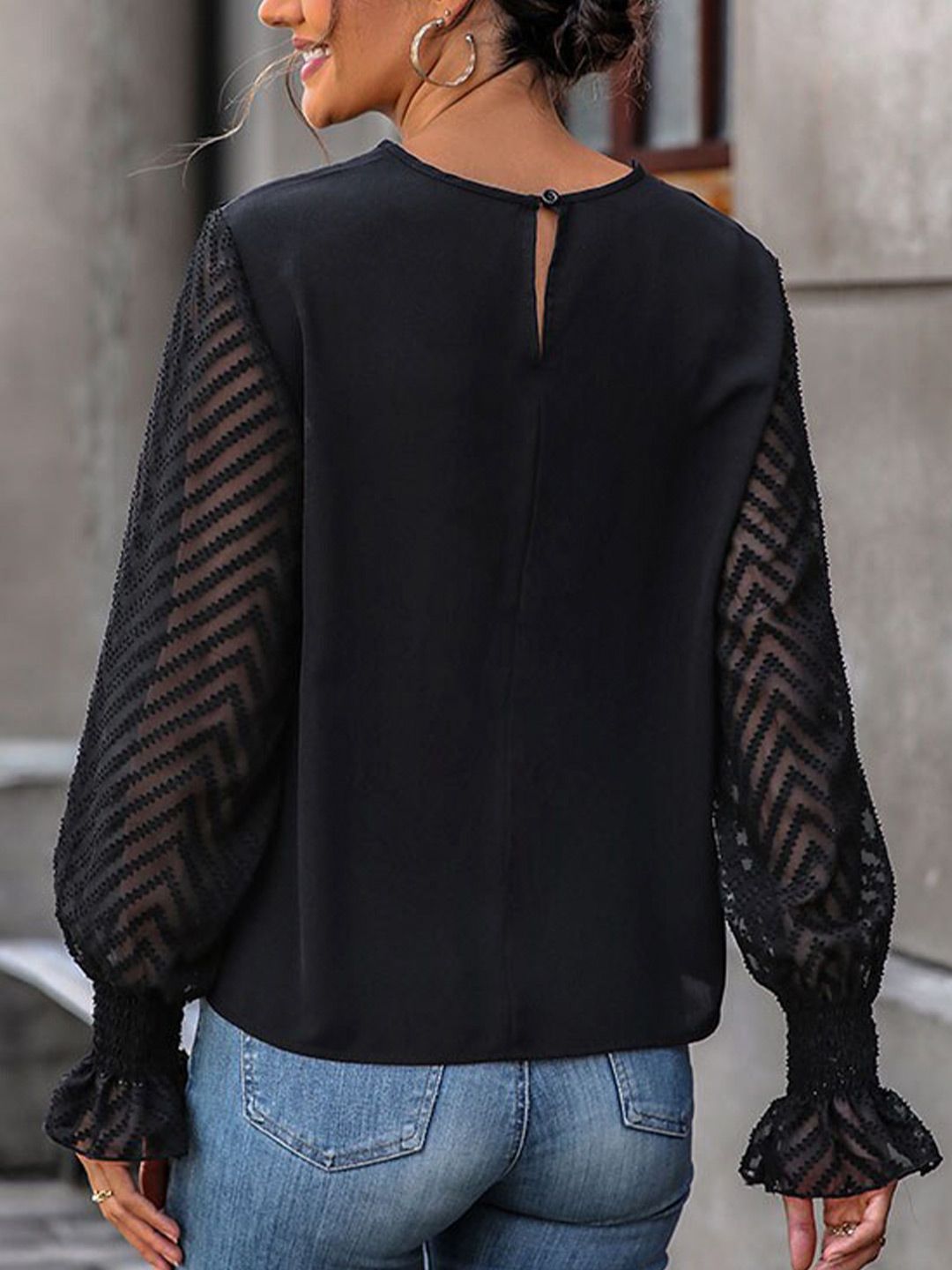 all about you Black Self Design Puff Sleeves Top