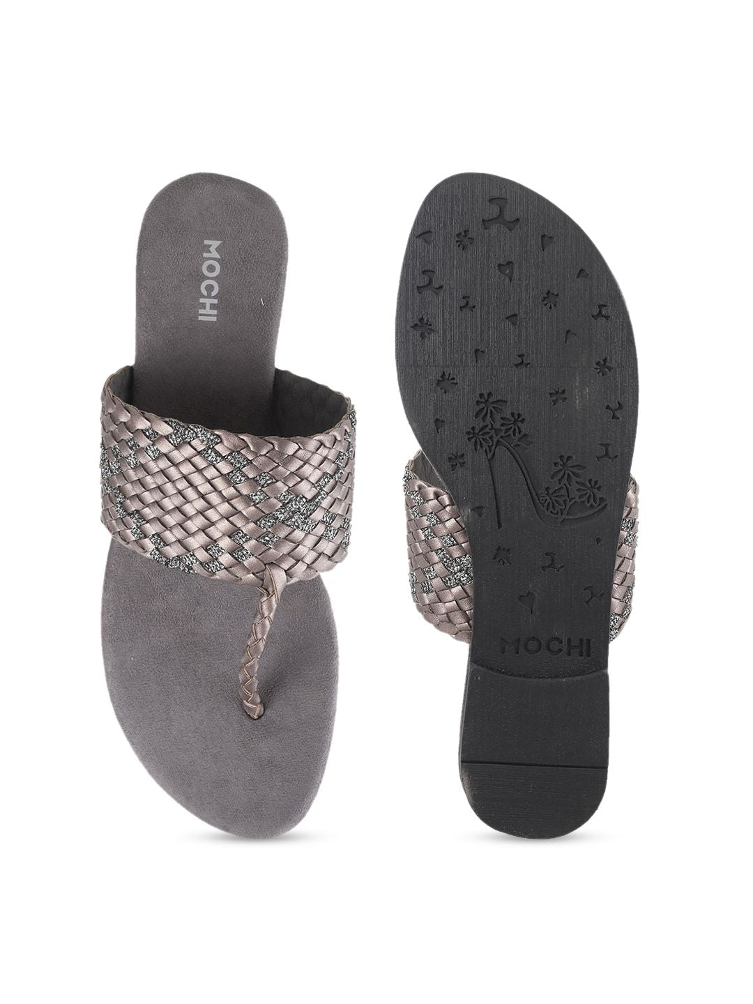 Mochi Women Grey Woven Design T-Strap Flats