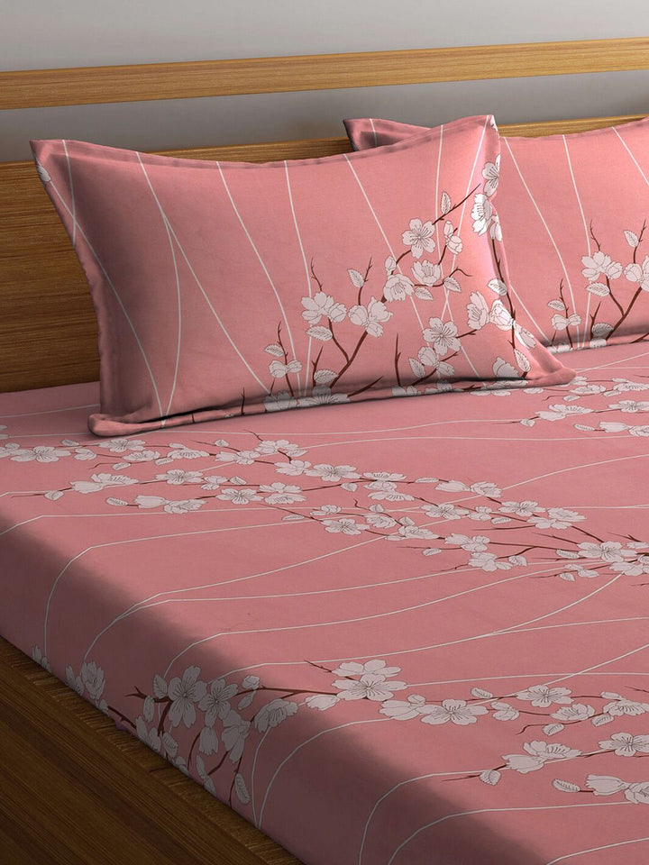 KLOTTHE Pink Floral Pure Cotton 400 TC King Superfine Bedsheet dengan 2 Sarung Bantal-98 x 89 inci