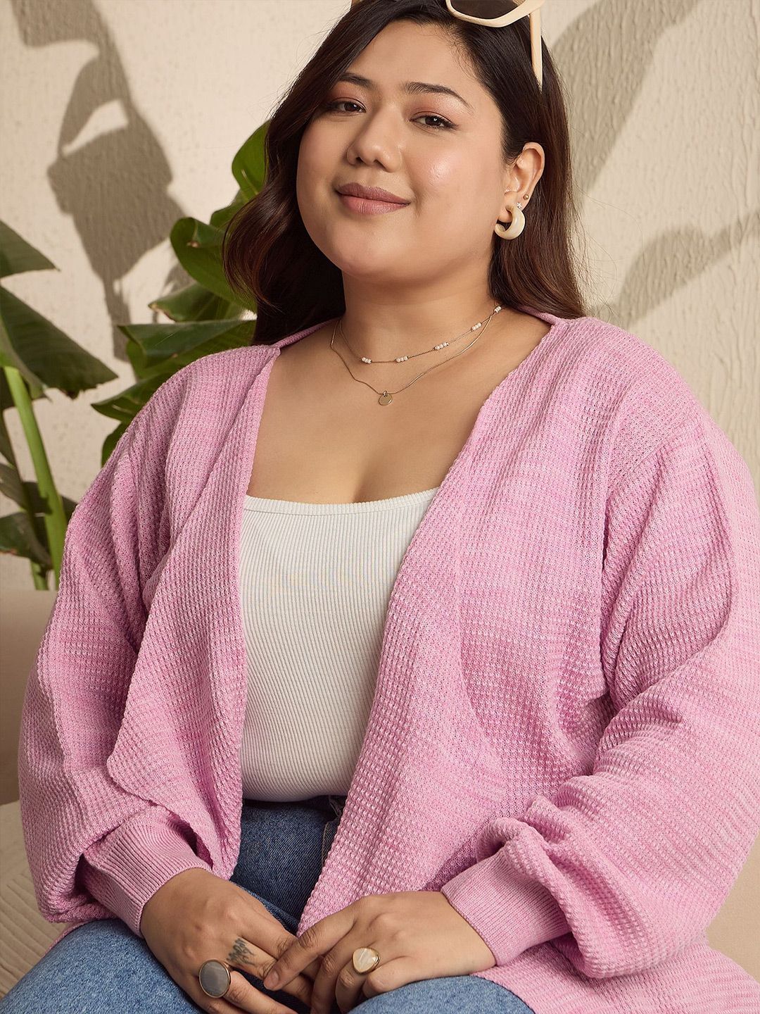 Berrylush Curve Women Plus Size Longline Self Design Open Knit Front-Open Sweaters